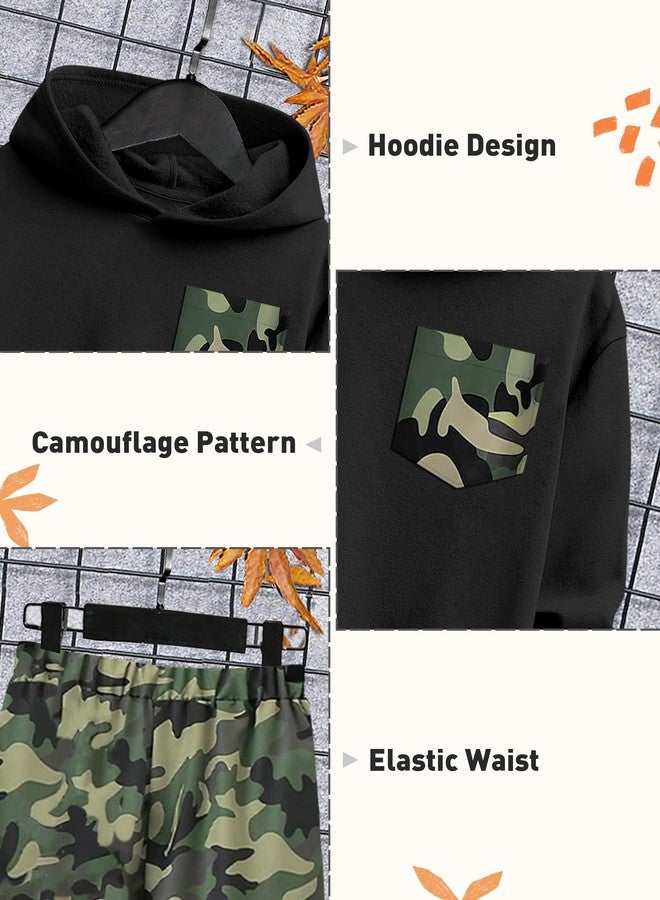 KANGKANG Boys Clothes Size 8 Size 7, Kids Clothing Two Piece Hooded Sweatshirt Top and Camouflage Sweatpants with Side Big Cargo Pocket Kids Fall Outfits Winter Outfits Set - Image 5